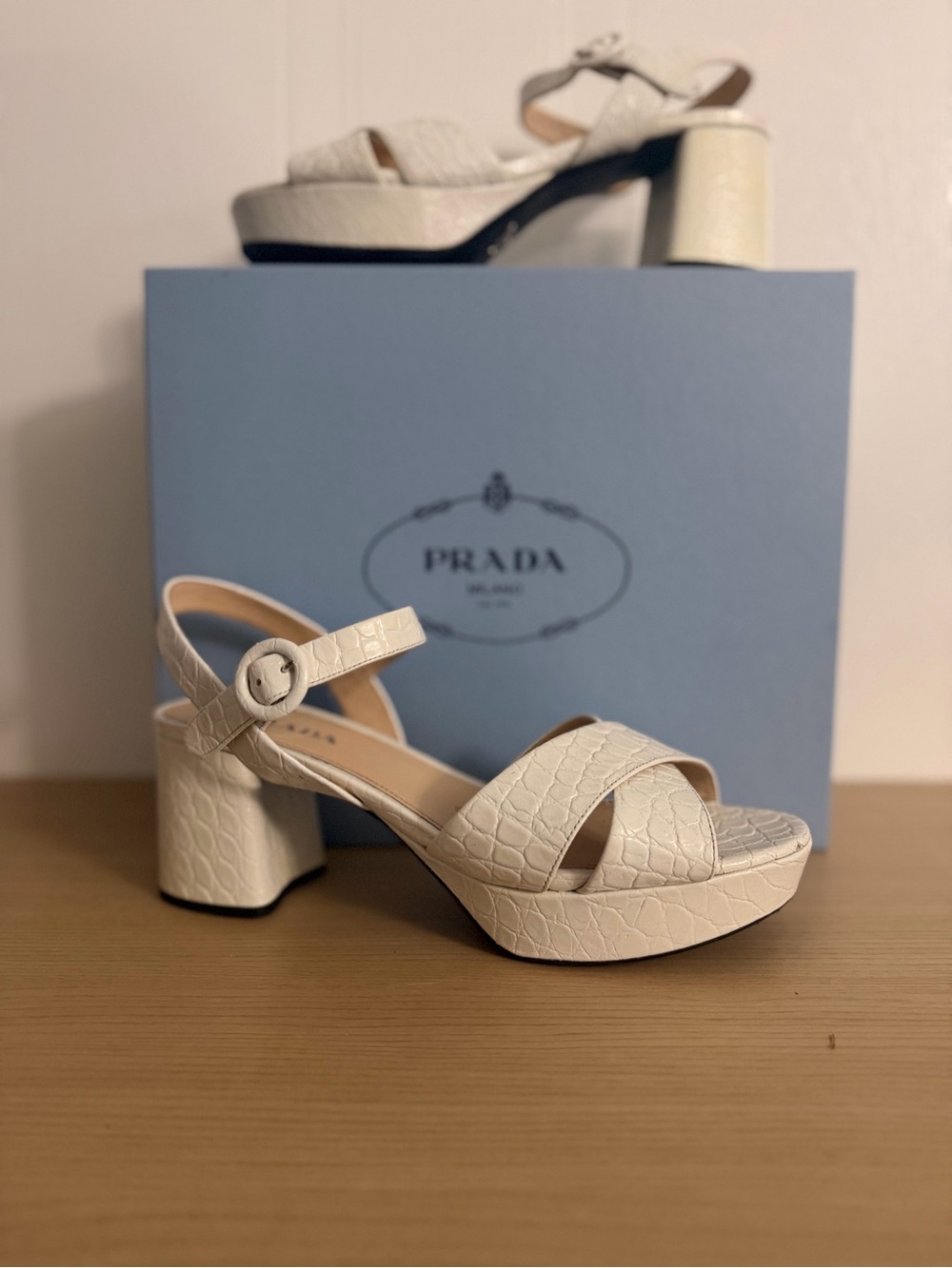 Prada Ivory Croc-Embossed Platform Block Heel Sandals - Picture 2 of 5